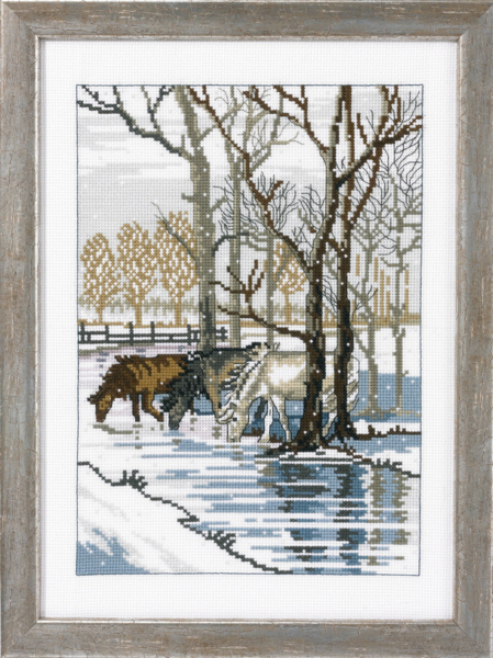 Kit de broderie 3 chevaux près de la rivière 35 x 25 cm R5797