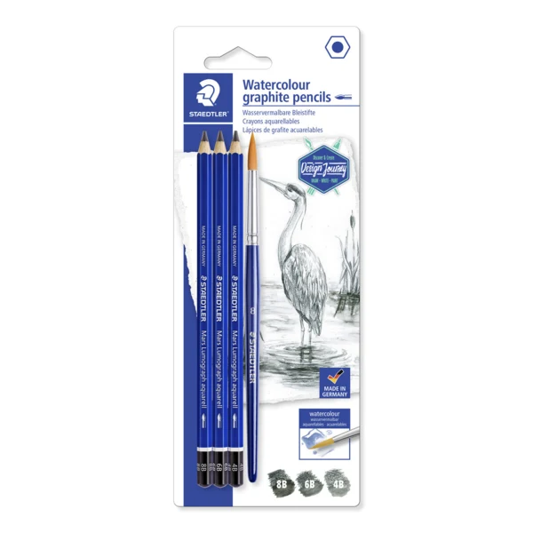 STAEDTLER mars lumograph crayons graphite aquarelle & pinceau, 3 + 1 pc – Image principale