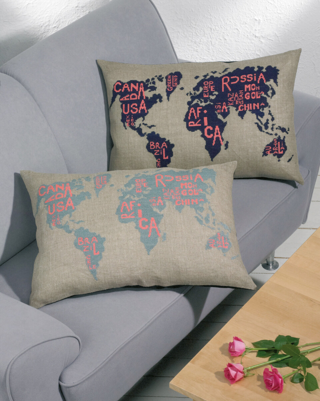 Kit de broderie Carte du monde gris-bleu 68 x 46 cm