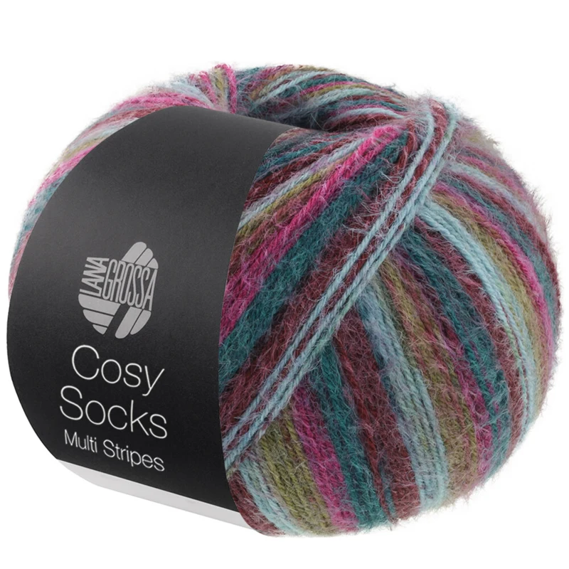 Lana Grossa Cosy Socks Multi Stripes 158 Pétrole/fuchsia foncé/olive/turquoise menthe/rouge foncé