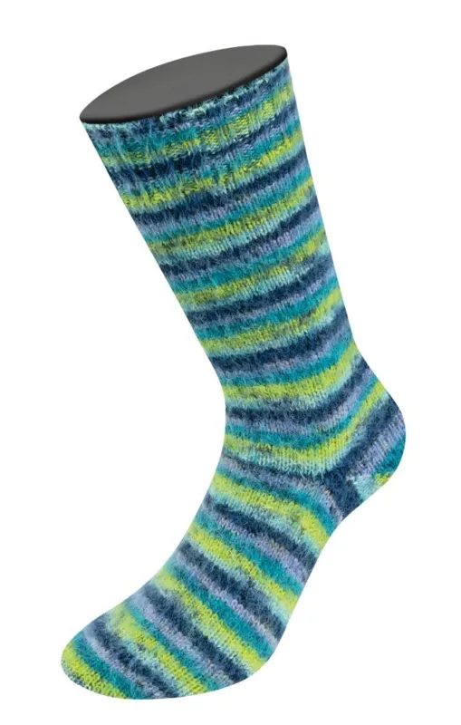 Lana Grossa Cosy Socks Multi Stripes 157 Lavande/pétrole/vert de mai/turquoise/bleu nuit