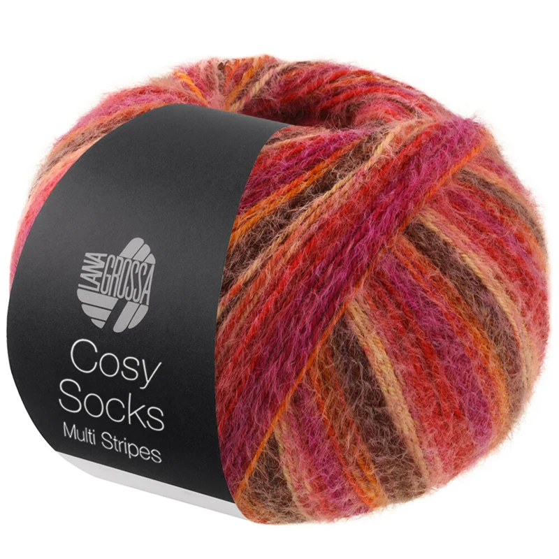 Lana Grossa Cosy Socks Multi Stripes 159 Rouge/fuchsia/orange/brun foncé/saumon