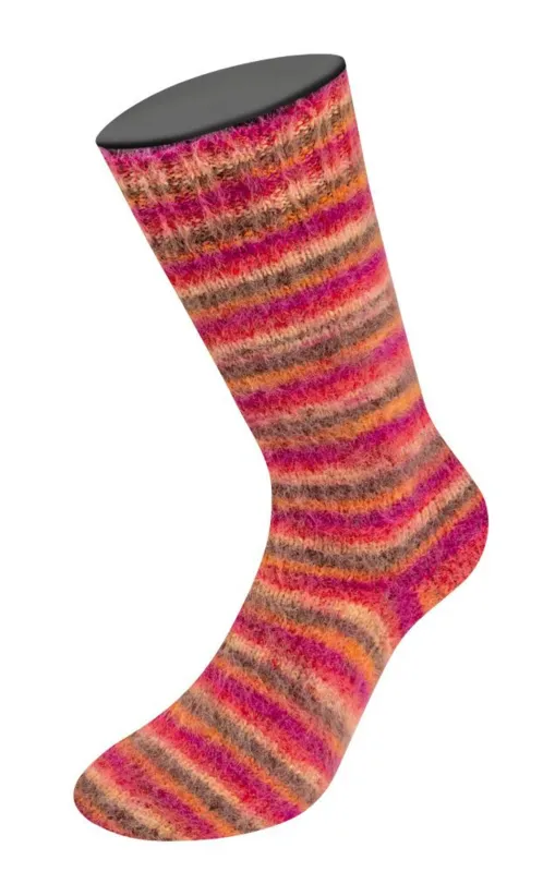 Lana Grossa Cosy Socks Multi Stripes 159 Rouge/fuchsia/orange/brun foncé/saumon