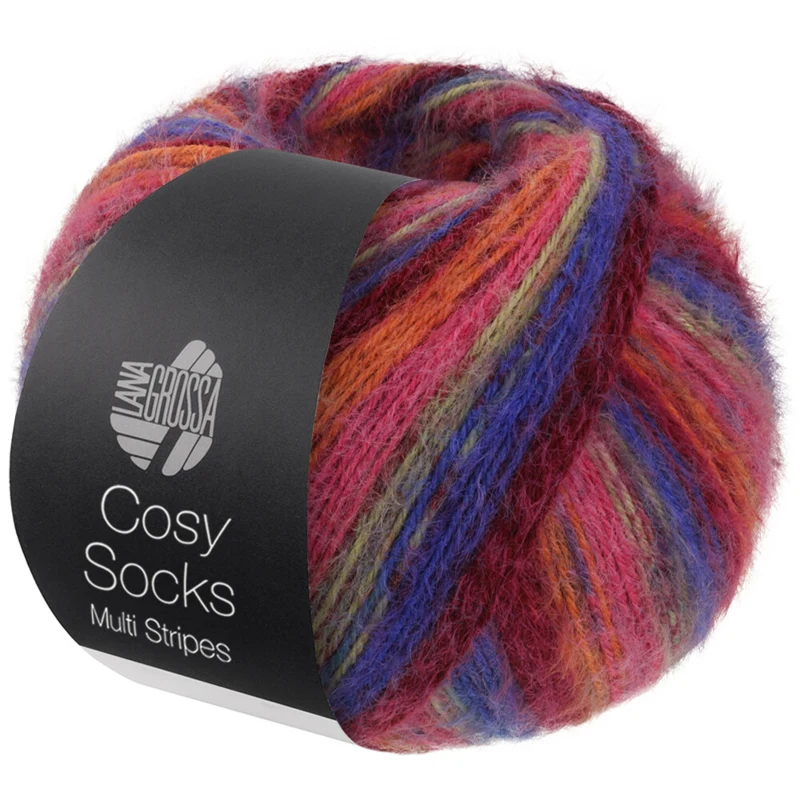 Lana Grossa Cosy Socks Multi Stripes 156 Bleu violet/rouge vin/citrouille/rose/vert gris