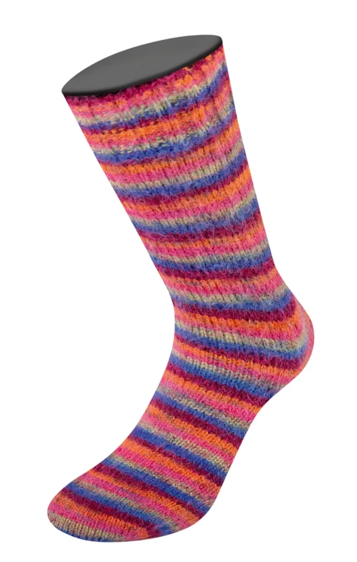 Lana Grossa Cosy Socks Multi Stripes 156 Bleu violet/rouge vin/citrouille/rose/vert gris
