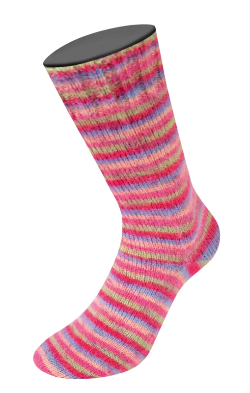 Lana Grossa Cosy Socks Multi Stripes 152 Rouge tulipe/bleu violet/rose saumon/rose/vert clair