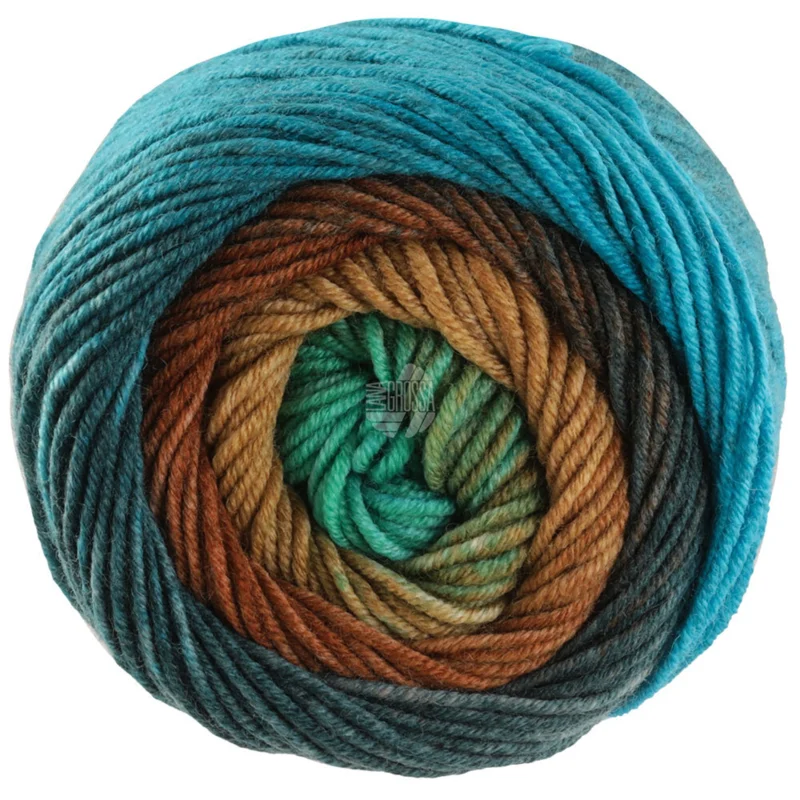 Lana Grossa Cool Wool Big Color 4033 Pétrole foncé/pétrole/vert foncé/brun argile/brun/gris foncé