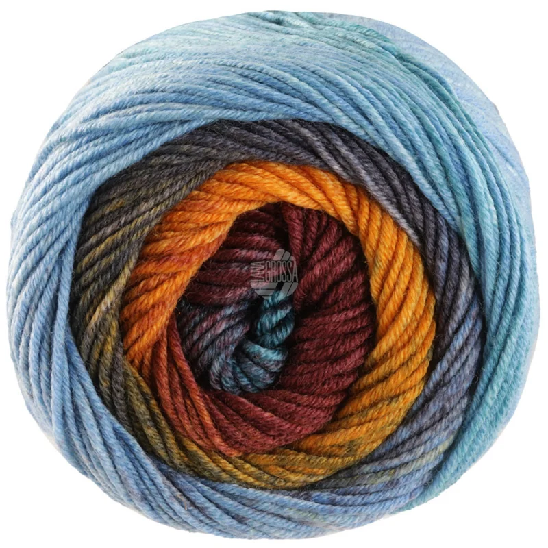 Lana Grossa Cool Wool Big Color 4034 Brun cannelle/jaune/kaki/gris foncé/gris clair/bleu pastel/turquoise menthe