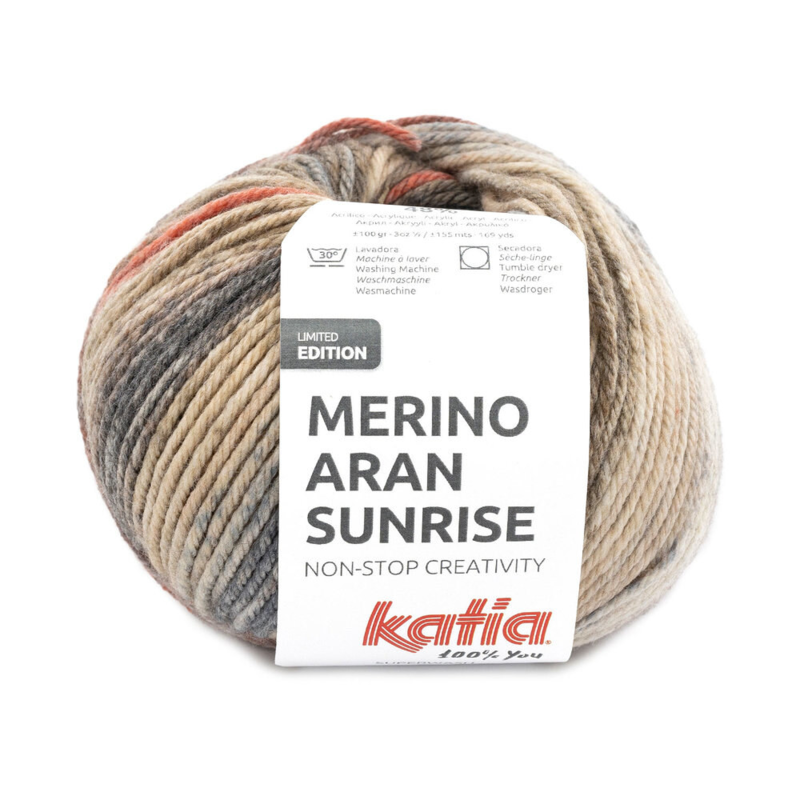 Katia Merino Aran Sunrise 300 Brun Pâle-Rouge Rouille-Bleu Jean