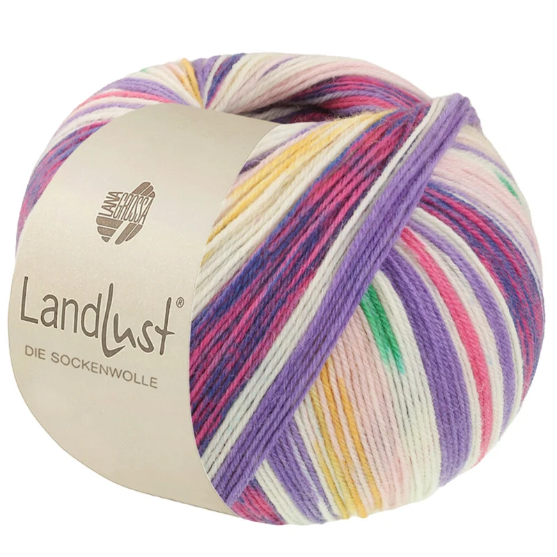 Lana Grossa Landlust Die Sockenwolle 721 Rose/Écru/Vert/Bleu violet/Jaune safran/Rose/Fuchsia