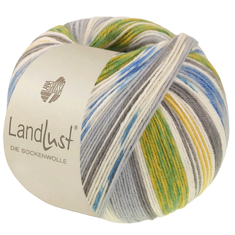 Lana Grossa Landlust Die Sockenwolle 724 Vert pomme/Jaune moutarde/Écru/Gris clair/Gris moyen/Bleu denim