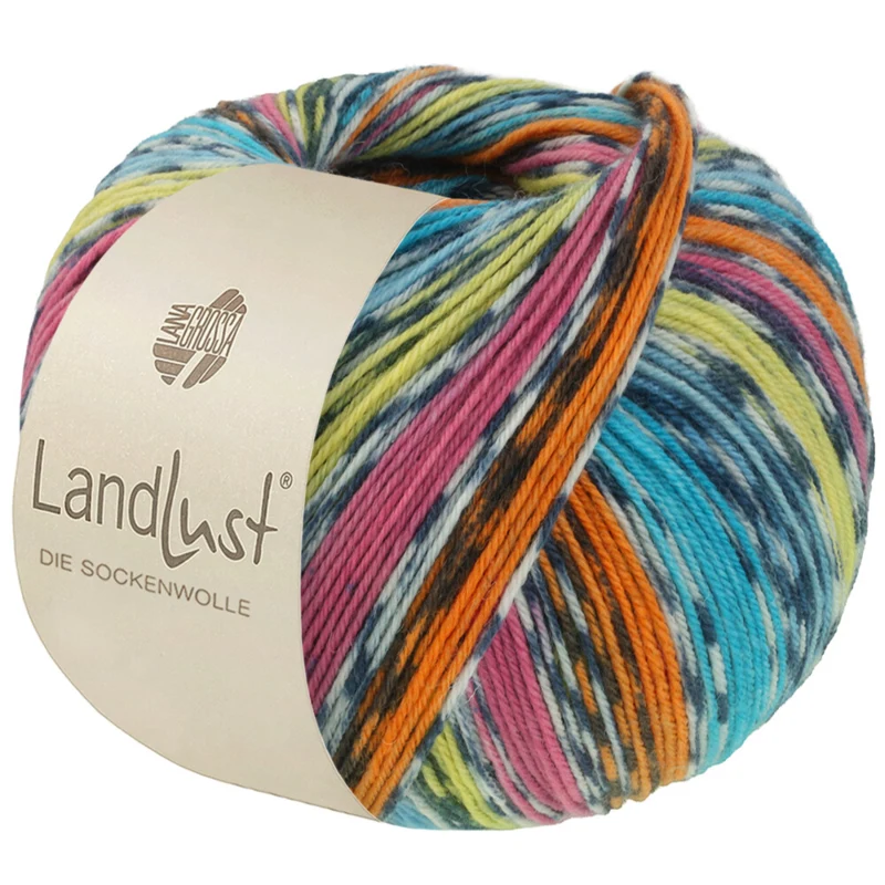 Lana Grossa Landlust Die Sockenwolle 825 Orange/Rose/Pistache/Bleu turquoise/Bleu pétrole/Blanc cassé/Gris foncé