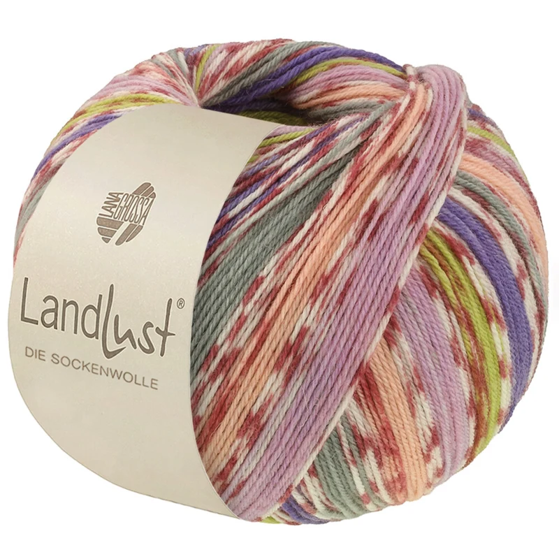 Lana Grossa Landlust Die Sockenwolle 826 Pêche/Violet/Vert printemps/Violet/Gris/Crème/Terracotta