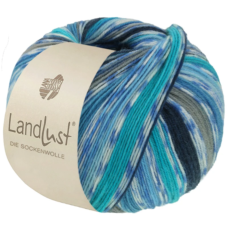 Lana Grossa Landlust Die Sockenwolle 823 Gris foncé/Noir/Vert marin/Turquoise/Bleu roi/Bleu pétrole/Blanc cassé/Bleu