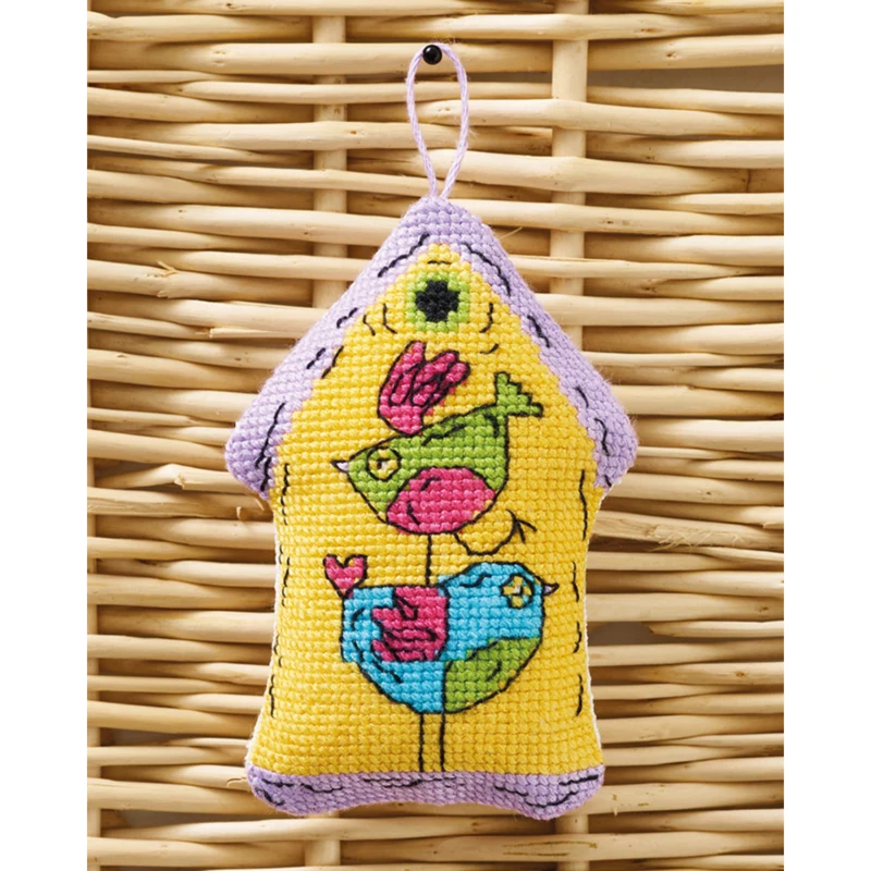 Maison d’oiseaux jaune 2 oiseaux 7x9cm