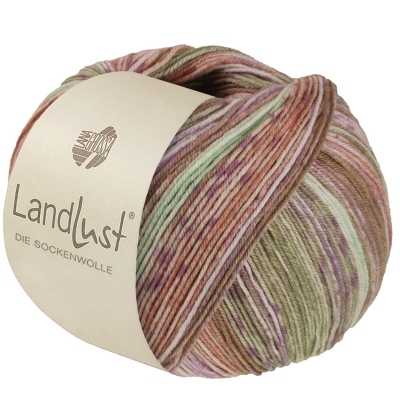 Lana Grossa Landlust die Sockenwolle Seide 332 Vert kaki/Beige/Violet/Rose/Pêche/Vert pâle rayé