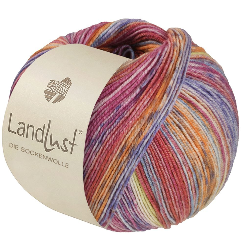 Lana Grossa Landlust die Sockenwolle Seide 335 Orange/Gris/Jaune citron/Bleu clair/Bleu/Violet/Fuchsia/Rouge clair rayé