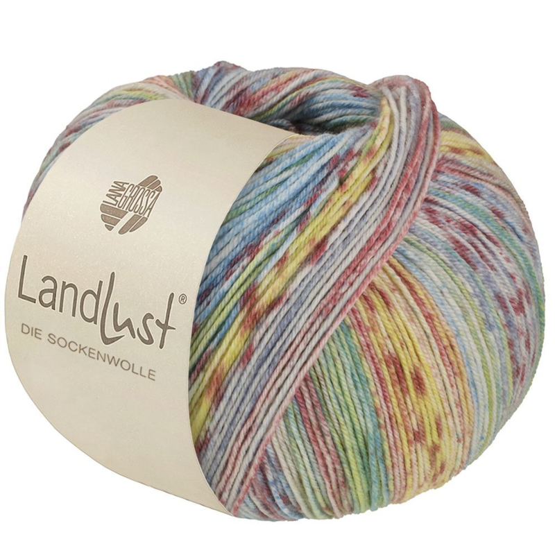 Lana Grossa Landlust die Sockenwolle Seide 331 Vert clair/-bleu/Terre cuite/Vanille/Écru/Rose ancien/Gris clair rayé