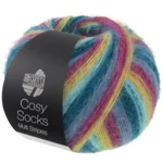 Lana Grossa Cosy Socks Multi Stripes 155 Pétrole foncé/turquoise clair/jaune/orchidée/violet gris