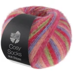 Lana Grossa Cosy Socks Multi Stripes 152 Rouge tulipe/bleu violet/rose saumon/rose/vert clair